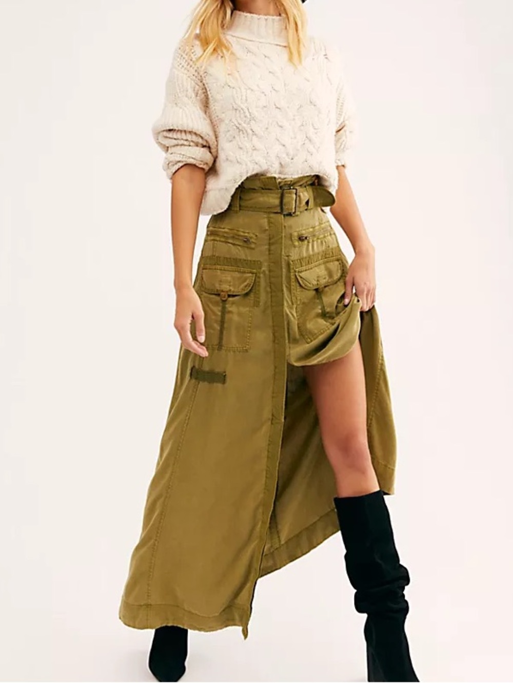 Free People Olive Green High-Low Utility Maxi Skirt